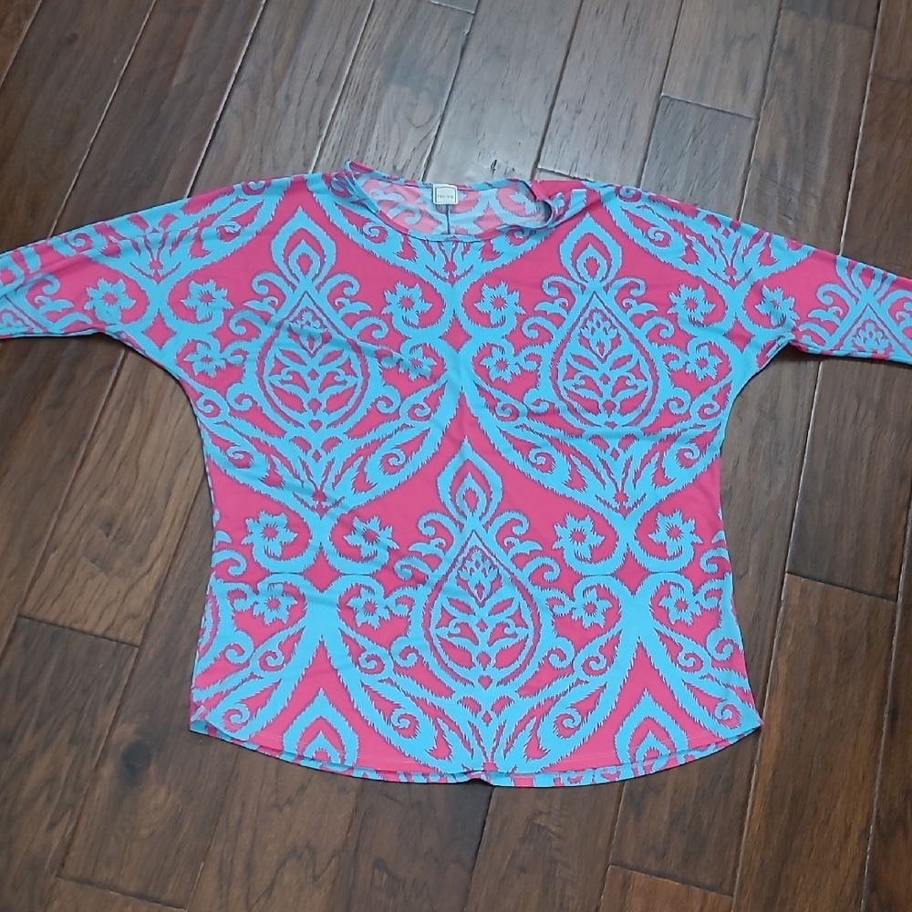 Hershe Bright Hot Pink & Teal Blue Patterned Tunic Blouse size XL
